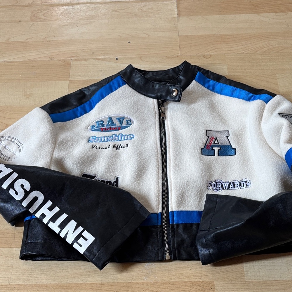 SHEIN White Fleece Bomber Jacket with Black Leather and Blue Stripes